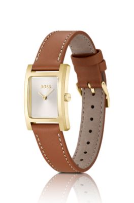 Leather-strap watch with brushed silver-white dial, Brown