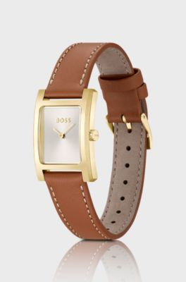 Leather-strap watch with brushed silver-white dial, Brown