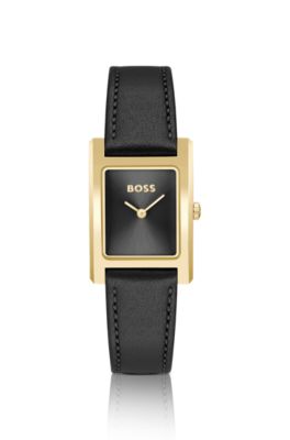 BOSS Leather strap watch with brushed black dial