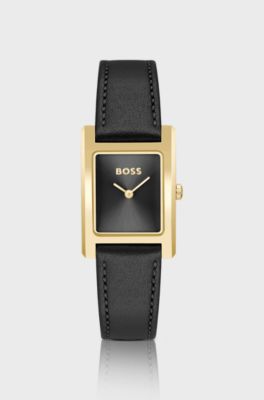 Lucy Gold-tone rectangular watch with black leather strap, Black