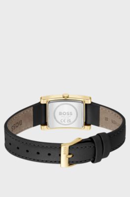 Lucy Gold-tone rectangular watch with black leather strap, Black