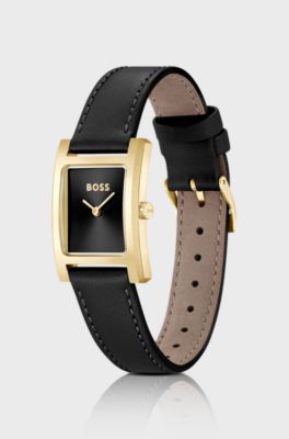 Lucy Gold-tone rectangular watch with black leather strap, Black