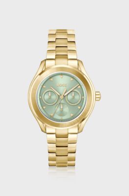 Link-bracelet watch with brushed green dial, Gold