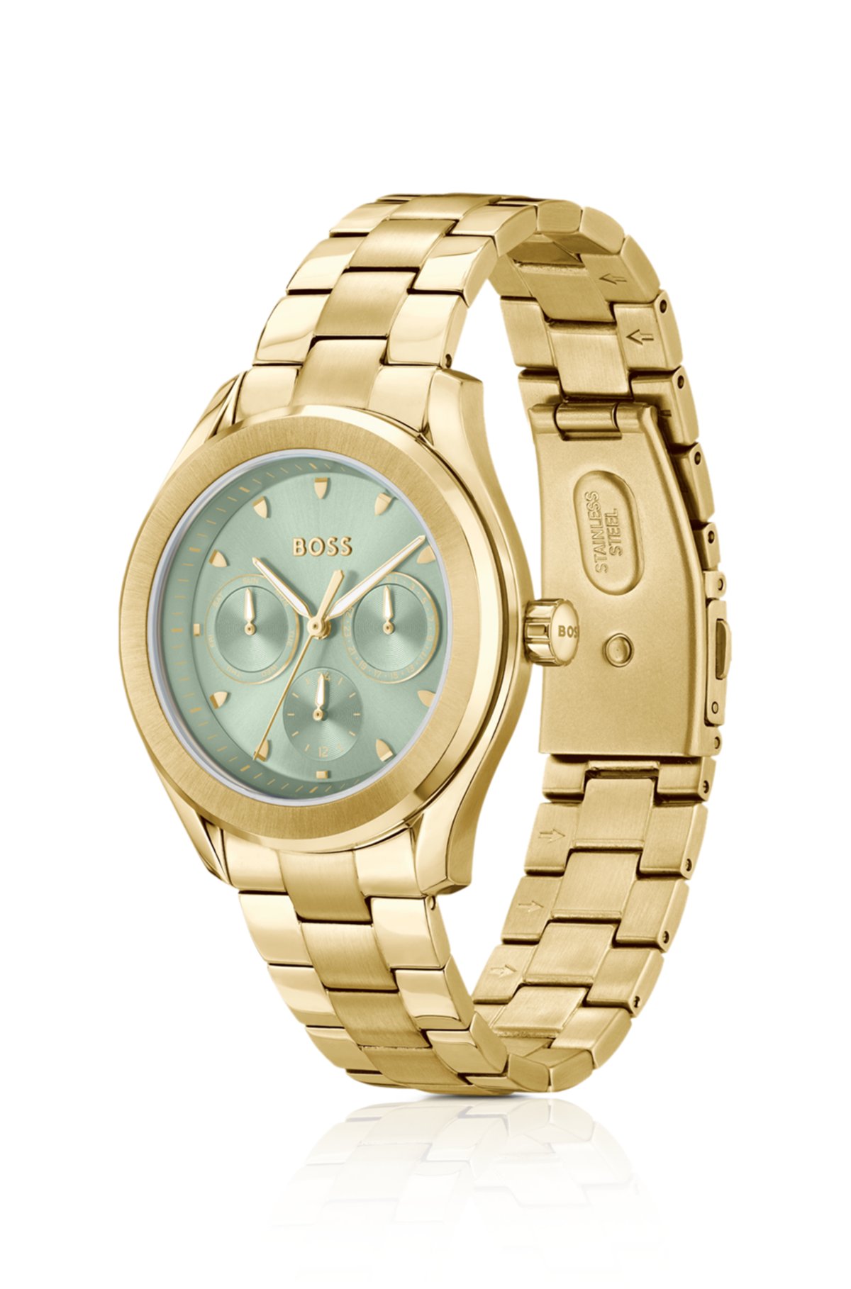 Link-bracelet watch with brushed green dial, Gold
