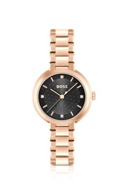Link-bracelet watch with crystal-studded monogram dial, Gold