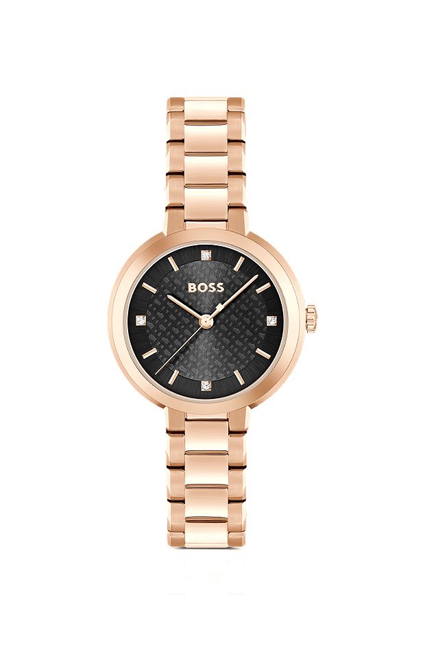 Link-bracelet watch with crystal-studded monogram dial, Gold