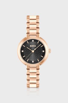 Link-bracelet watch with crystal-studded monogram dial, Gold