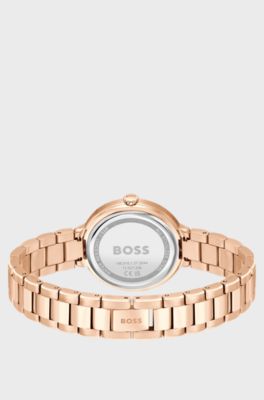 Link-bracelet watch with crystal-studded monogram dial, Gold