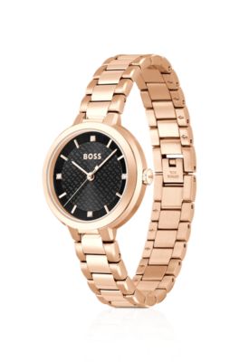 Link-bracelet watch with crystal-studded monogram dial, Gold