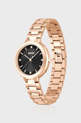Link-bracelet watch with crystal-studded monogram dial, Gold