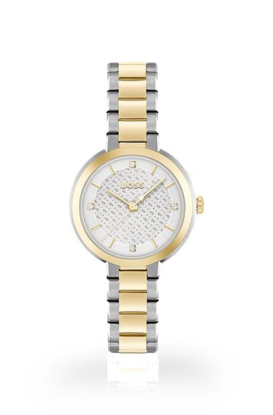 Часы с серебристо-белым циферблатом с монограммами и звеньевым браслетом, Серебристый