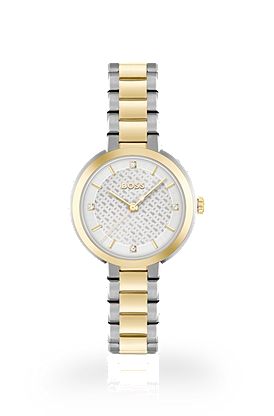 Link-bracelet watch with silver-white monogram dial