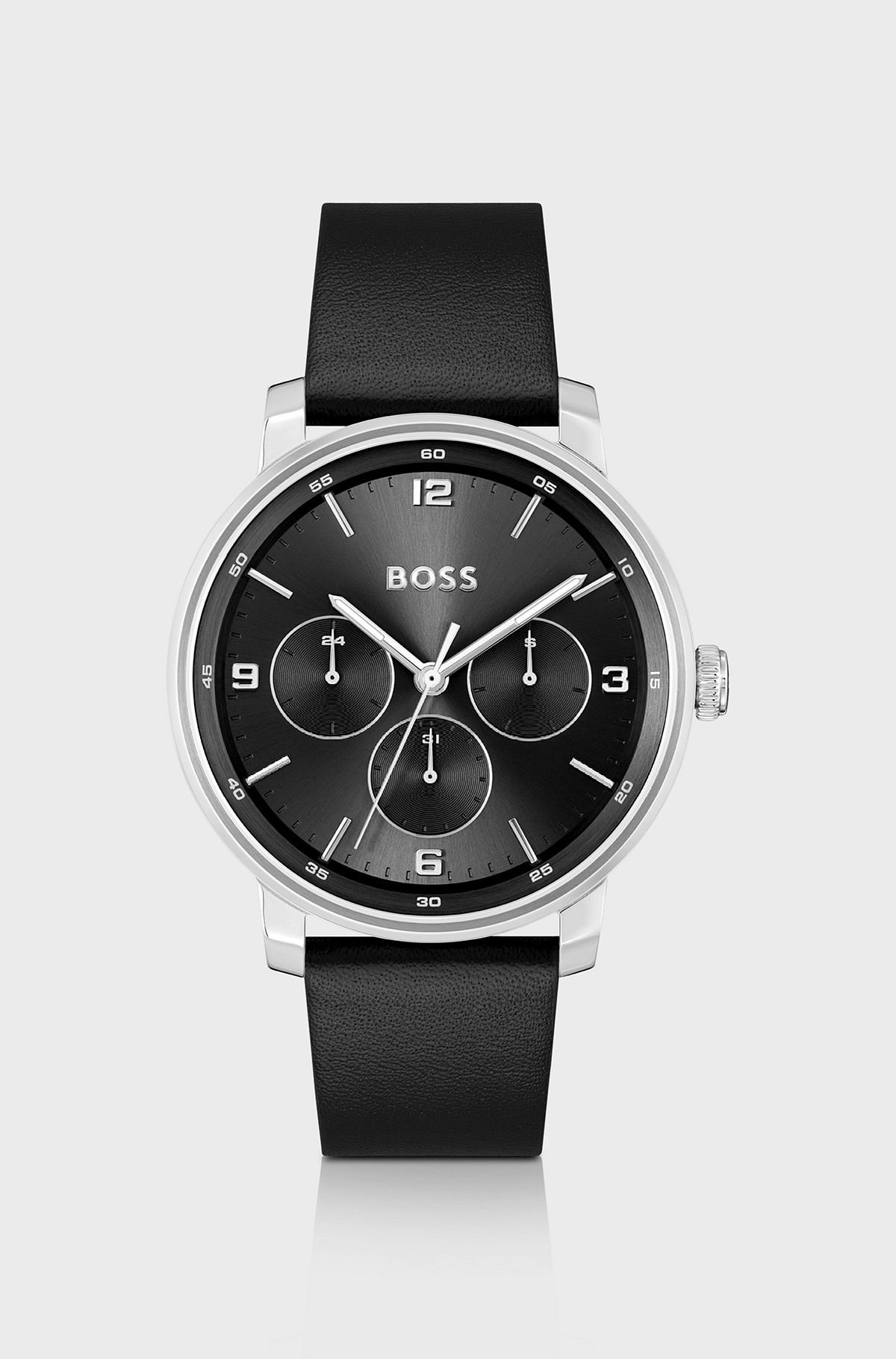 Leather-strap watch with black dial, Black