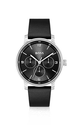 BOSS Leather strap watch with black dial