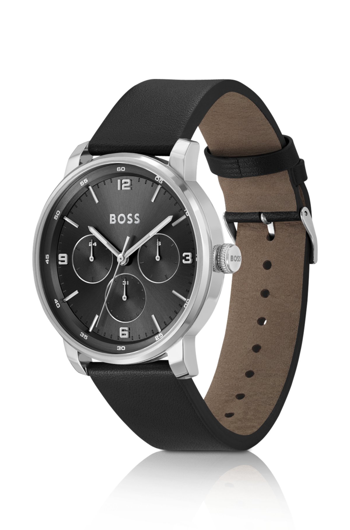 Leather-strap watch with black dial, Black