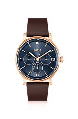 Blue-dial watch with brown leather strap, Brown