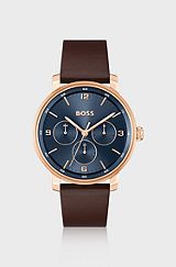 Blue-dial watch with brown leather strap, Brown
