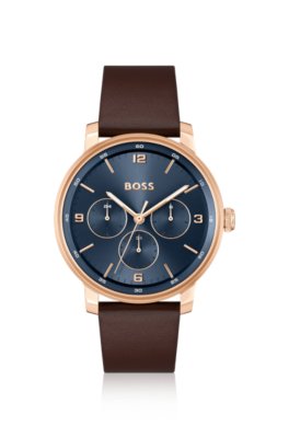 Montre à cadran bleu et bracelet en cuir marron