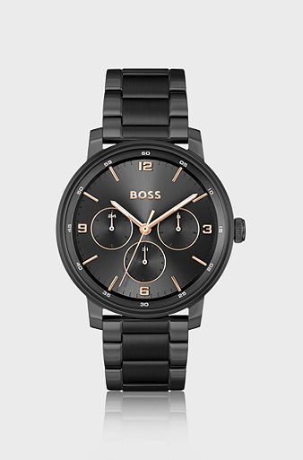 Black link-bracelet watch with tonal dial, Black