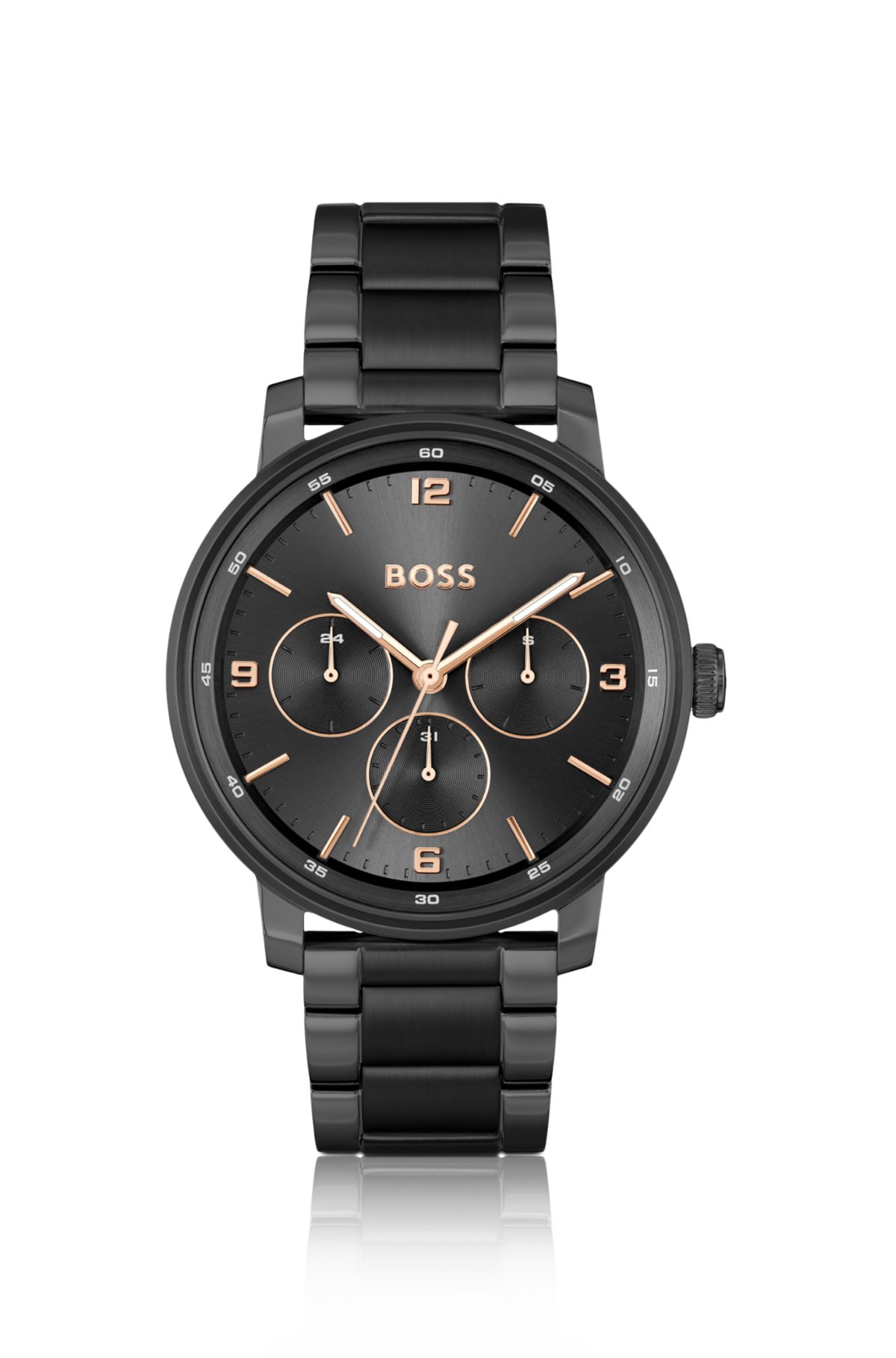 Black link-bracelet watch with tonal dial, Black