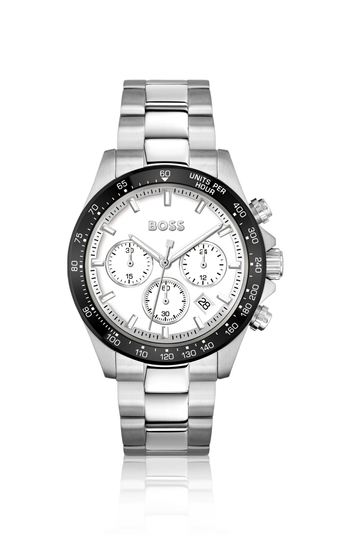 Link-bracelet chronograph watch with white dial, Silver