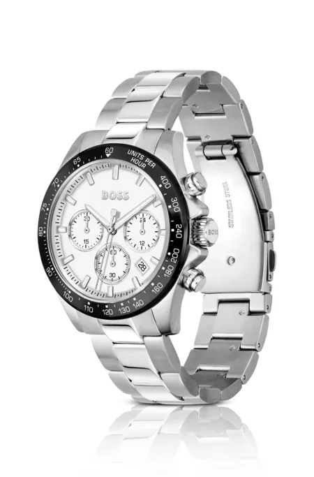 Link-bracelet chronograph watch with white dial