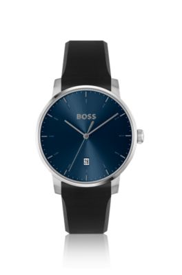 Silicone-strap watch with blue dial, Black