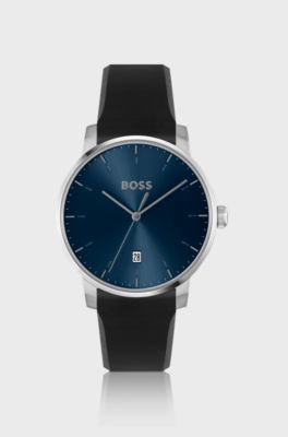 Silicone-strap watch with blue dial, Black