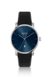 Silicone-strap watch with blue dial, Black