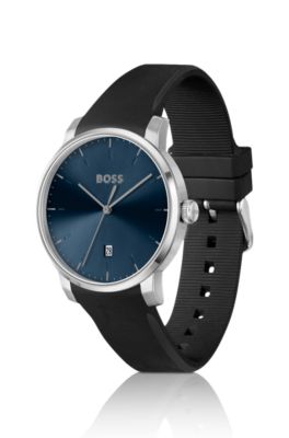 Silicone-strap watch with blue dial, Black