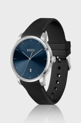Silicone-strap watch with blue dial, Black