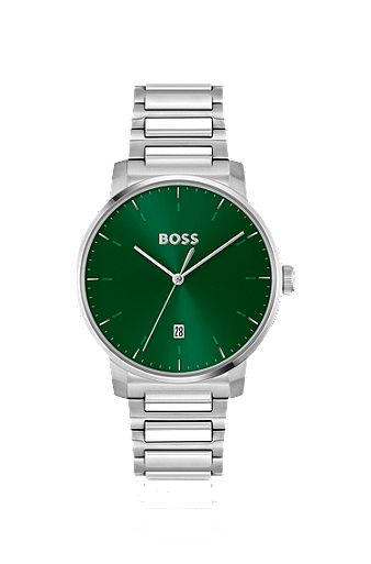 Horloge met groene wijzerplaat en polsband met H-schakels, Zilver
