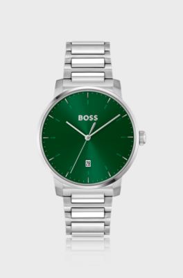 Orologio con quadrante verde e bracciale a maglie ad H, Argento