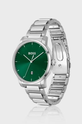 H-link-bracelet watch with green dial, Silver