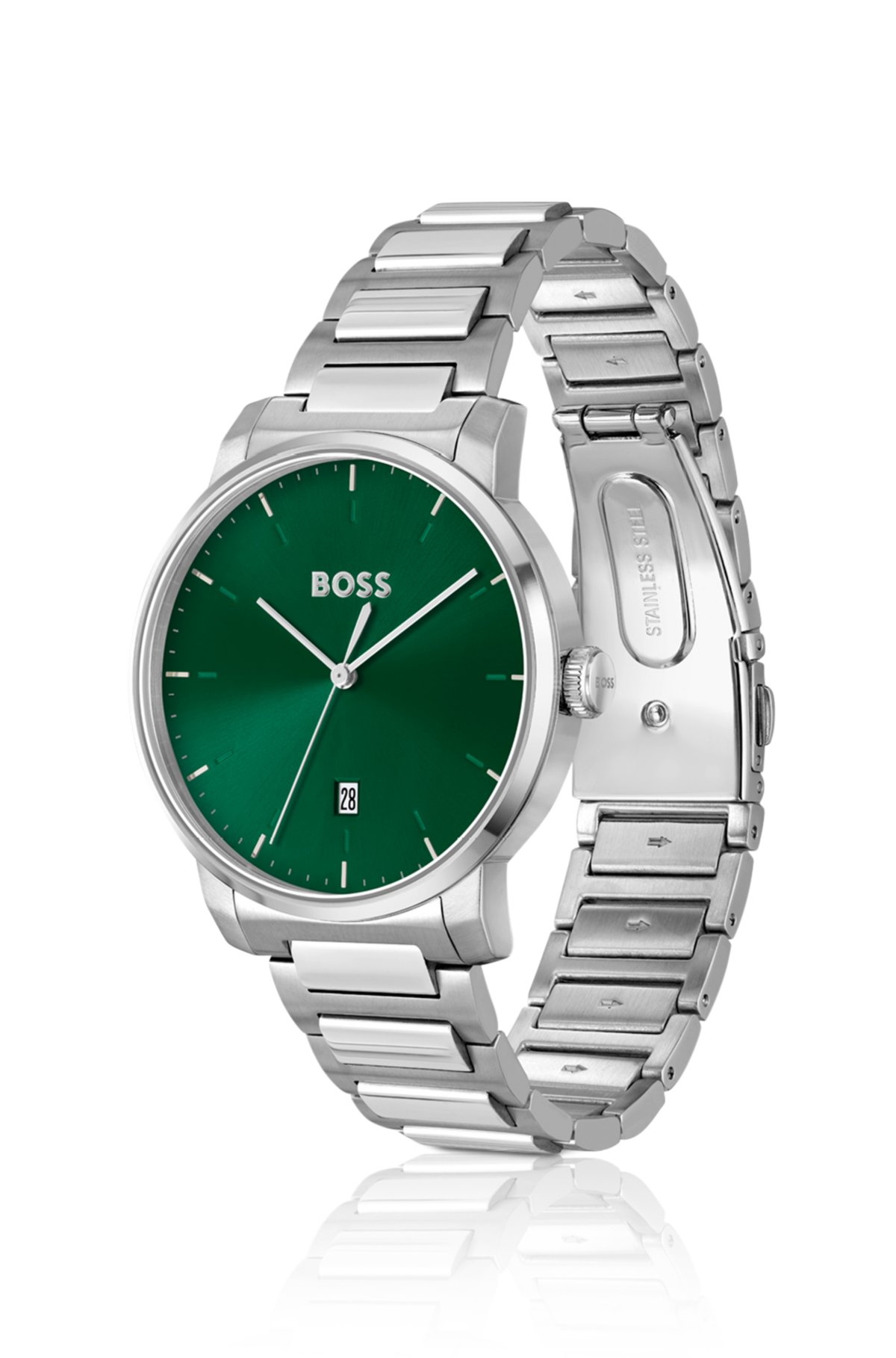 H-link-bracelet watch with green dial, Silver