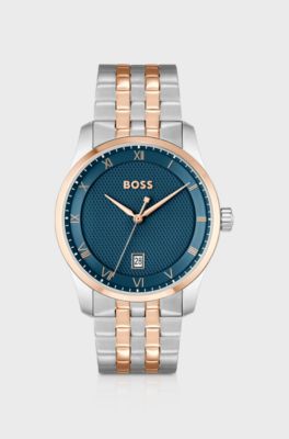 Two-tone link-bracelet watch with blue patterned dial, Silver