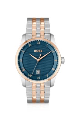 Montre avec cadran bleu à motif et bracelet bicolore à maillons