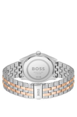 Two-tone link-bracelet watch with blue patterned dial, Silver