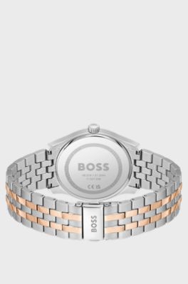 Two-tone link-bracelet watch with blue patterned dial, Silver