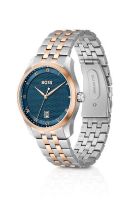 Two-tone link-bracelet watch with blue patterned dial, Silver