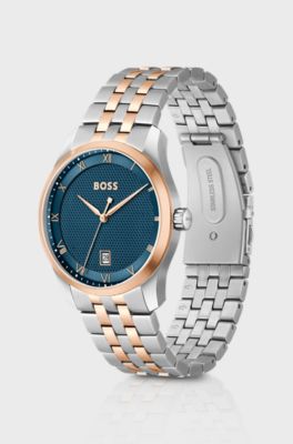 Two-tone link-bracelet watch with blue patterned dial, Silver