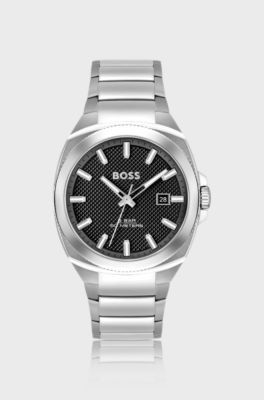 Link-bracelet watch with guilloch&eacute; black dial, Silver