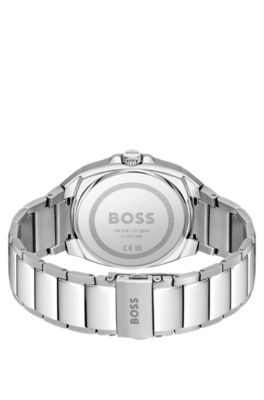 Link-bracelet watch with guilloch&eacute; black dial, Silver