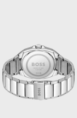 Link-bracelet watch with guilloch&eacute; black dial, Silver