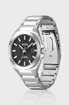Link-bracelet watch with guilloch&eacute; black dial, Silver