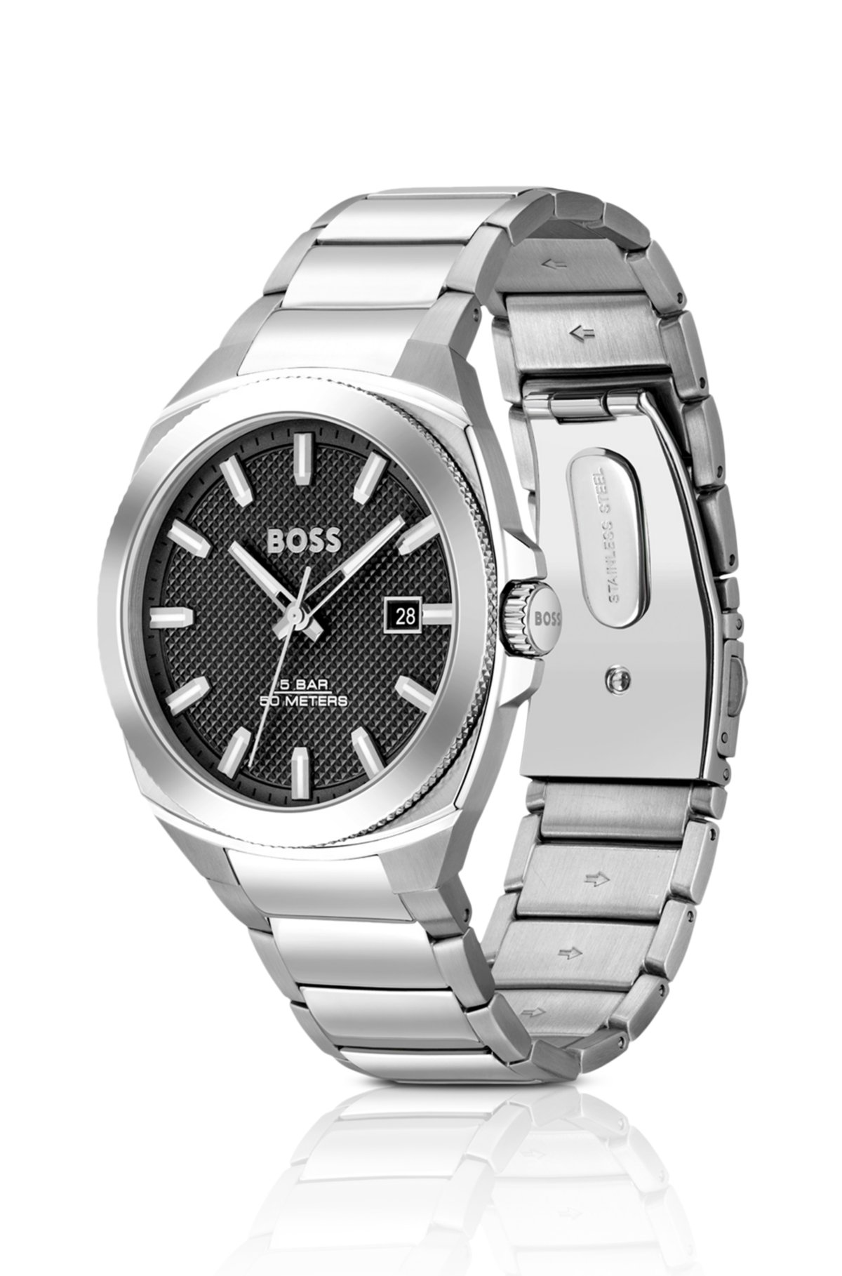 Link-bracelet watch with guilloché black dial, Silver