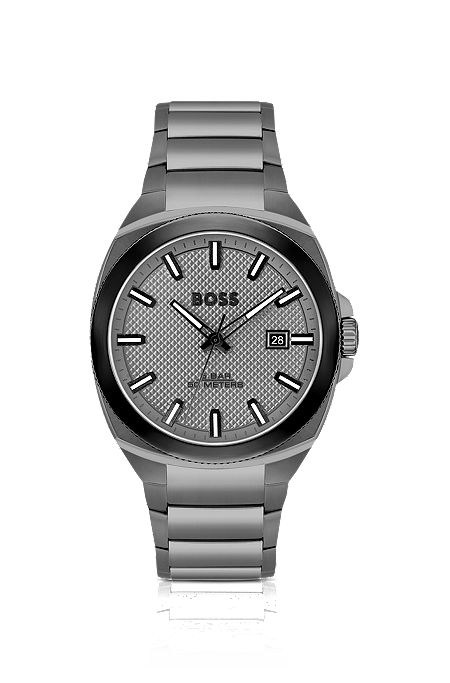 Grey link-bracelet watch with tonal guilloché dial, Grey
