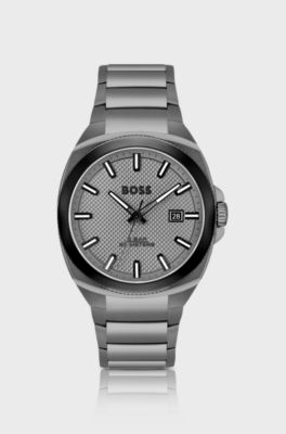 Montre &agrave; cadran guilloch&eacute; ton sur ton et bracelet &agrave; maillons gris, Gris