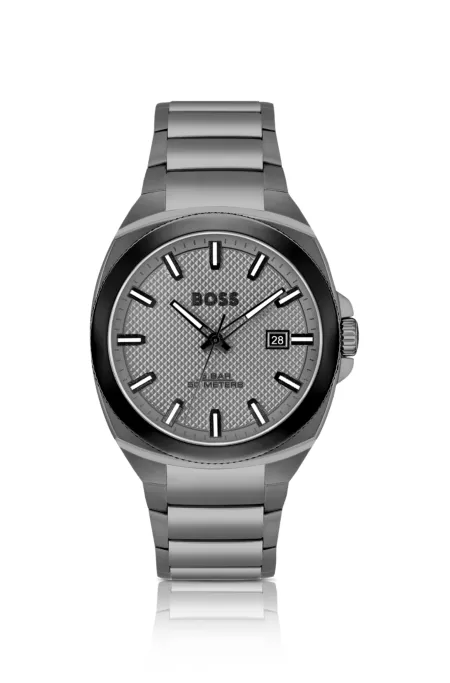 Grey link-bracelet watch with tonal guilloché dial