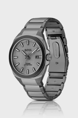 Montre &agrave; cadran guilloch&eacute; ton sur ton et bracelet &agrave; maillons gris, Gris